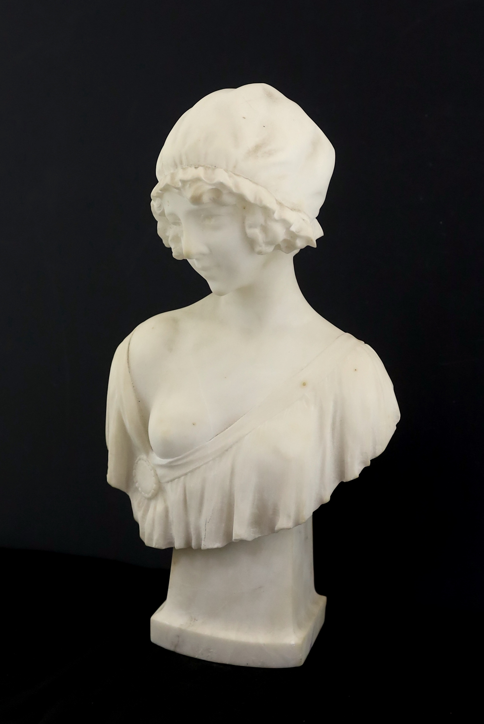 P. Conti, an early 20th century carved marble bust of a young woman